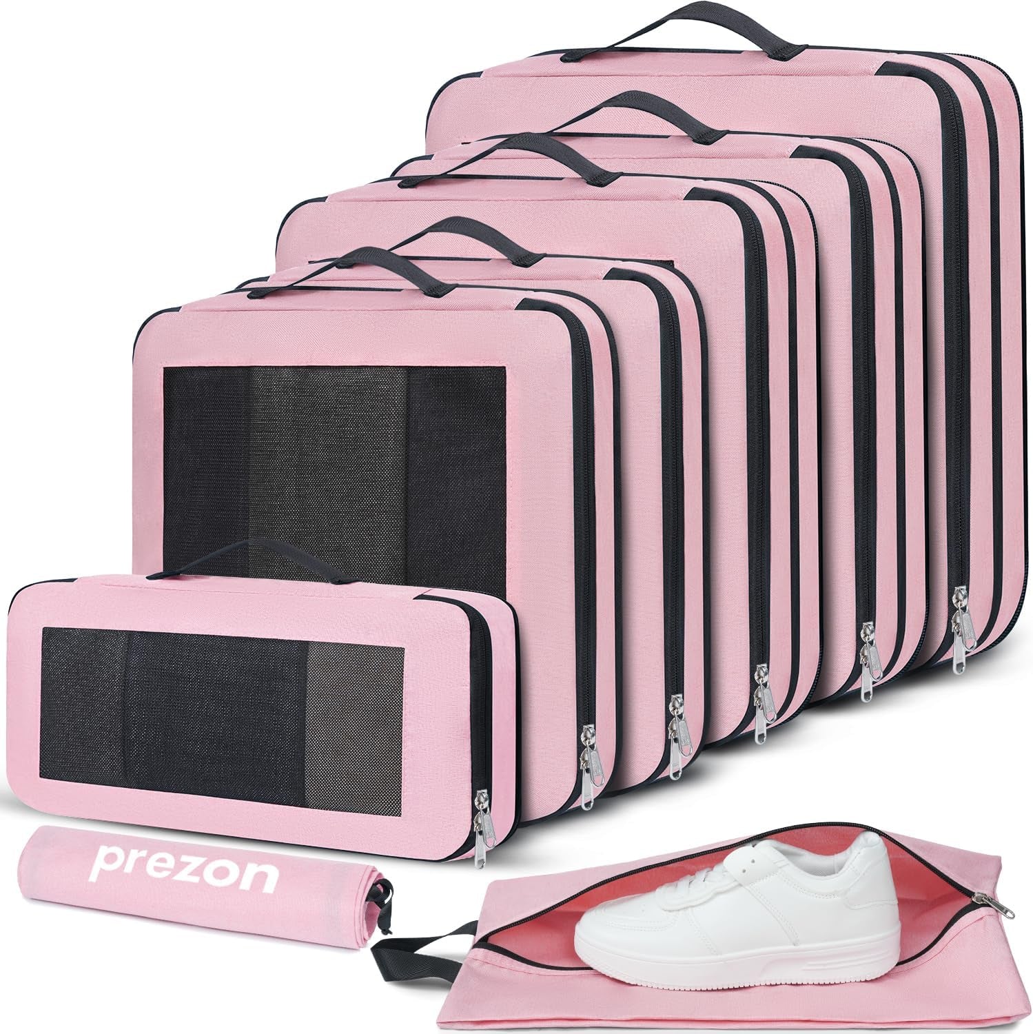 8 Set Compression Packing Cubes for Suitcases, Full Open & Visible Design, Luggage Organizer Bags Set for Carry On, Travel Essentials Travel Gifts for Women with Laundry Bag and Shoe Bag