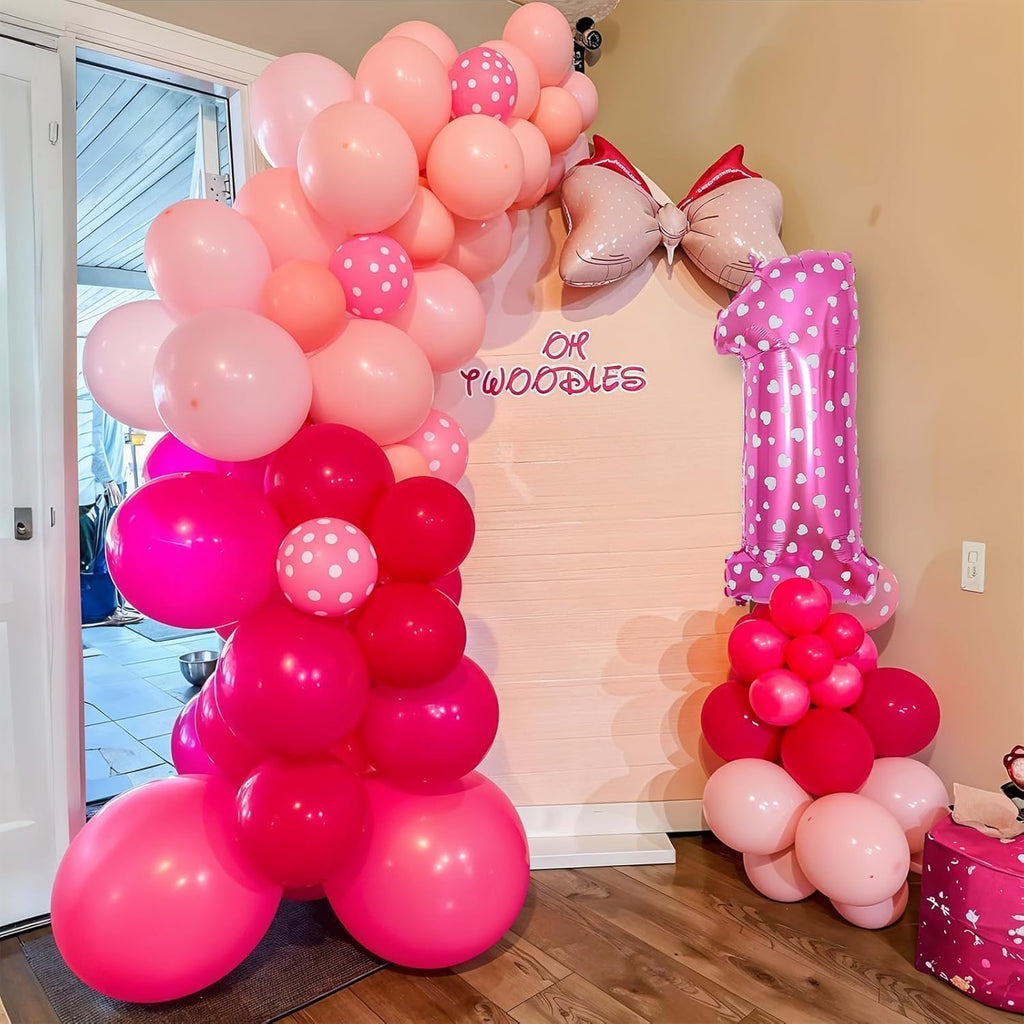 Pink Mouse 1St Birthday Balloons Decorations, Hot Pink Rose Polka Dots Balloons Arch Kit, Huge Bow Foil Balloons, Pink Number 1 Balloon Tower for Baby Shower Girls Princess Mouse 1St Theme Party