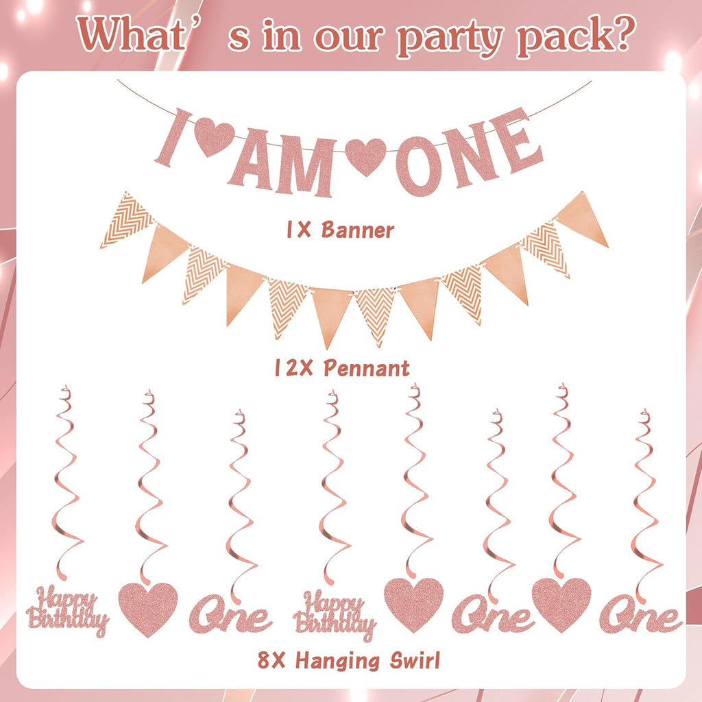 Happy 1St Birthday Decorations Banner - Rose Gold First Birthday Banners Bunting Set for Girls, Glitter Letter One and Heart Swirl Hanging for Baby One Happy Birthday Party Supplies