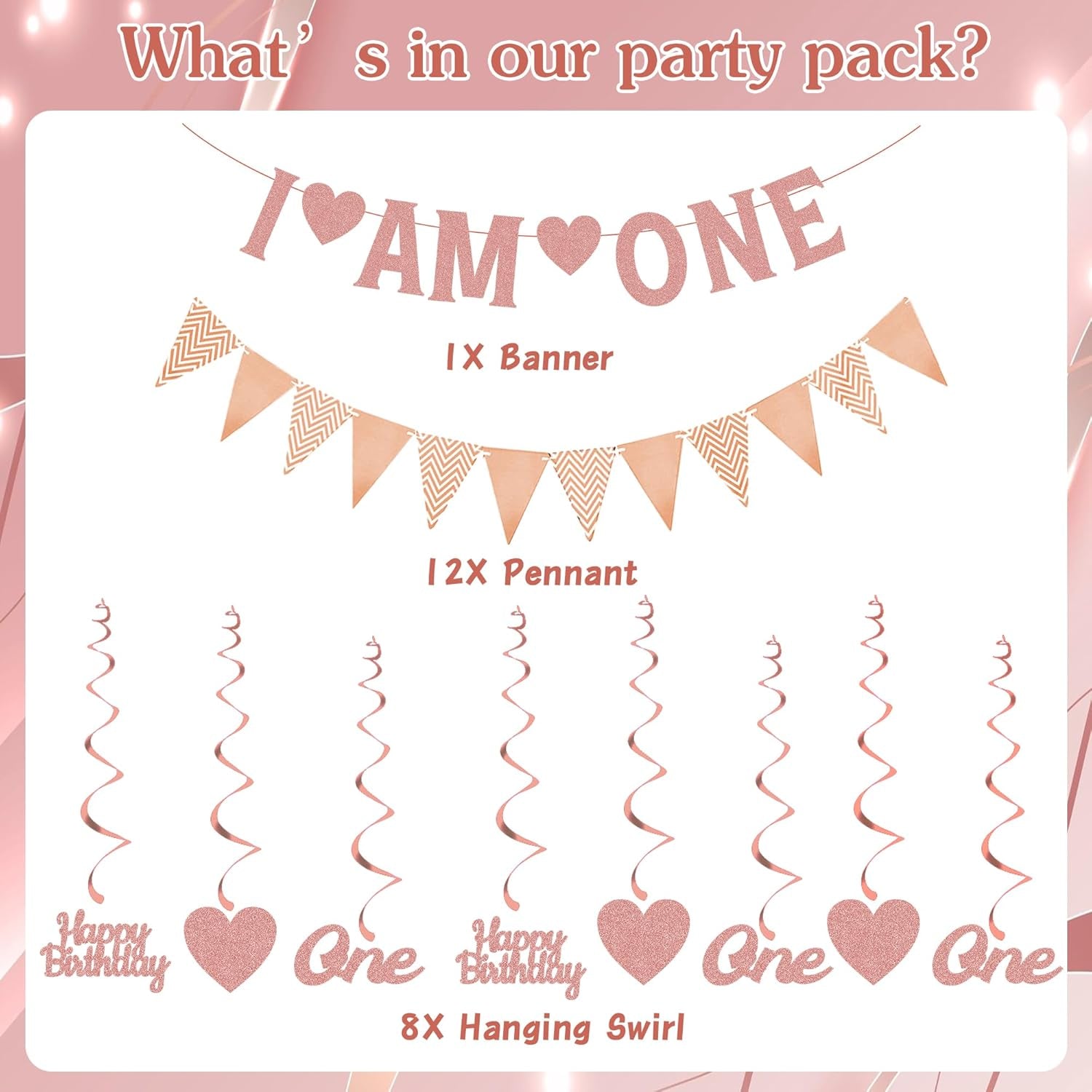 Happy 1St Birthday Decorations Banner - Rose Gold First Birthday Banners Bunting Set for Girls, Glitter Letter One and Heart Swirl Hanging for Baby One Happy Birthday Party Supplies