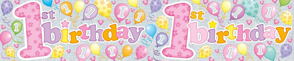Happy 1St Birthday Party Banner Little Girl'S Age 1 Party Decoration Garland Extra Wide Giant Party Banner Birthday Girl Pink Recyclable Eco Friendly Holographic Shiny Sparkly Party Banner