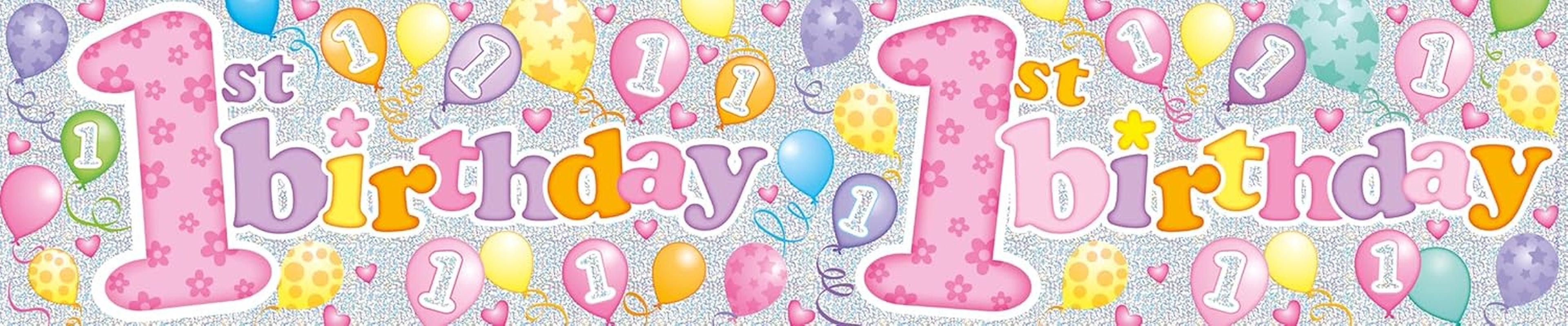 Happy 1St Birthday Party Banner Little Girl'S Age 1 Party Decoration Garland Extra Wide Giant Party Banner Birthday Girl Pink Recyclable Eco Friendly Holographic Shiny Sparkly Party Banner