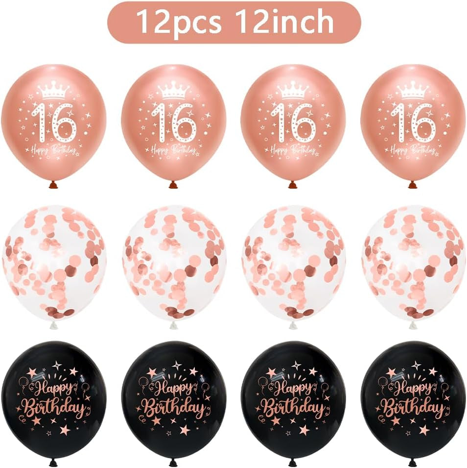 16Th Birthday Girls Decorations - Black Rose Gold Happy 16Th Banner & Bunting Kit