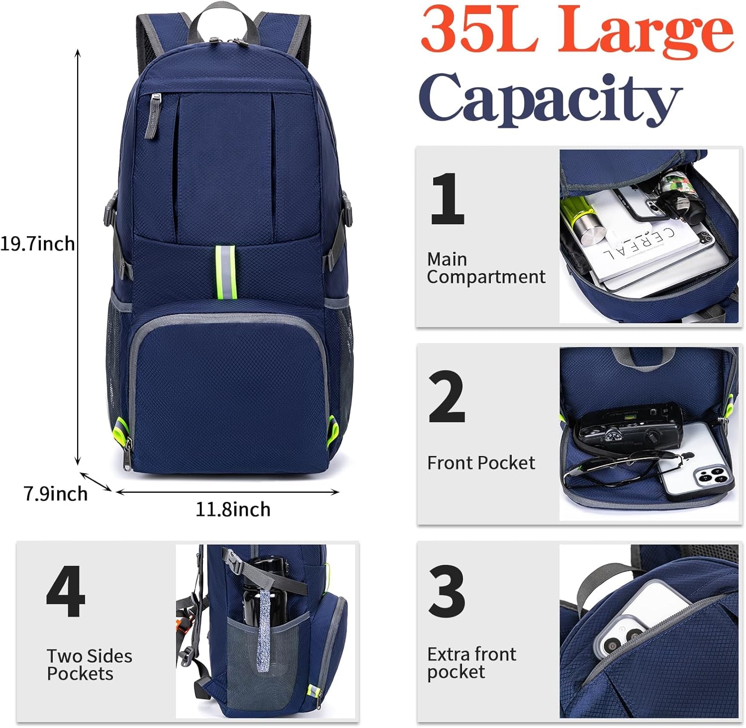 Hiking Backpack, 35L Camping Travel Backpack Packable Outdoor Sports Camping, Water Resistant Lightweight Travel Daypack for Men Women, Navy Blue