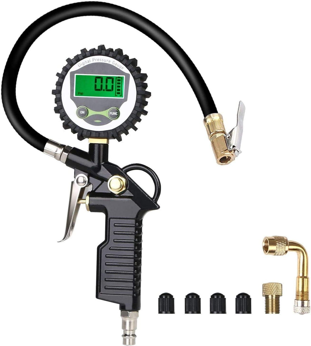 Tyre Pressure Gauge, Digital Tyre Inflator with Pressure Gauge 200 PSI Digital LCD Display, Valve Air Chuck and 90 Degree Valve Extender for Heavy Duty Car Motorcycle Bicycle