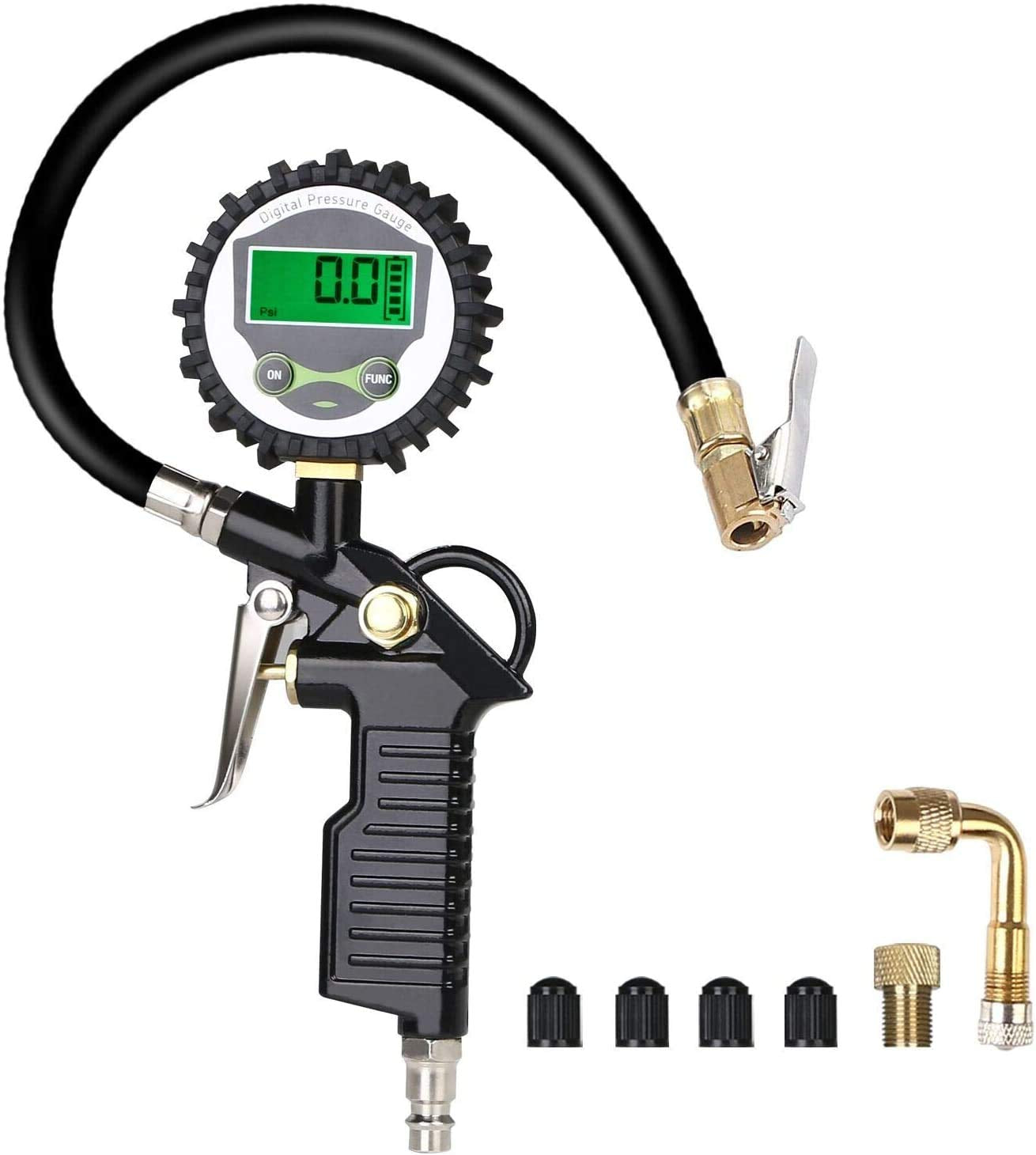 Tyre Pressure Gauge, Digital Tyre Inflator with Pressure Gauge 200 PSI Digital LCD Display, Valve Air Chuck and 90 Degree Valve Extender for Heavy Duty Car Motorcycle Bicycle