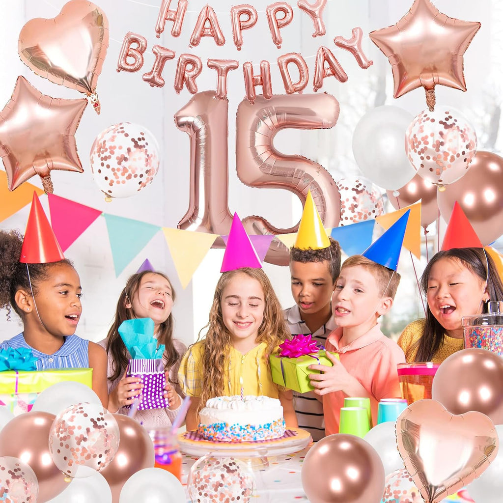 15Th Birthday Decorations for Girls, Rose Gold 15Th Birthday Decorations, Rose Gold 32 Inch Number 15 Foil Balloon with Banner, Star Confetti Balloon for 15 Party Deko