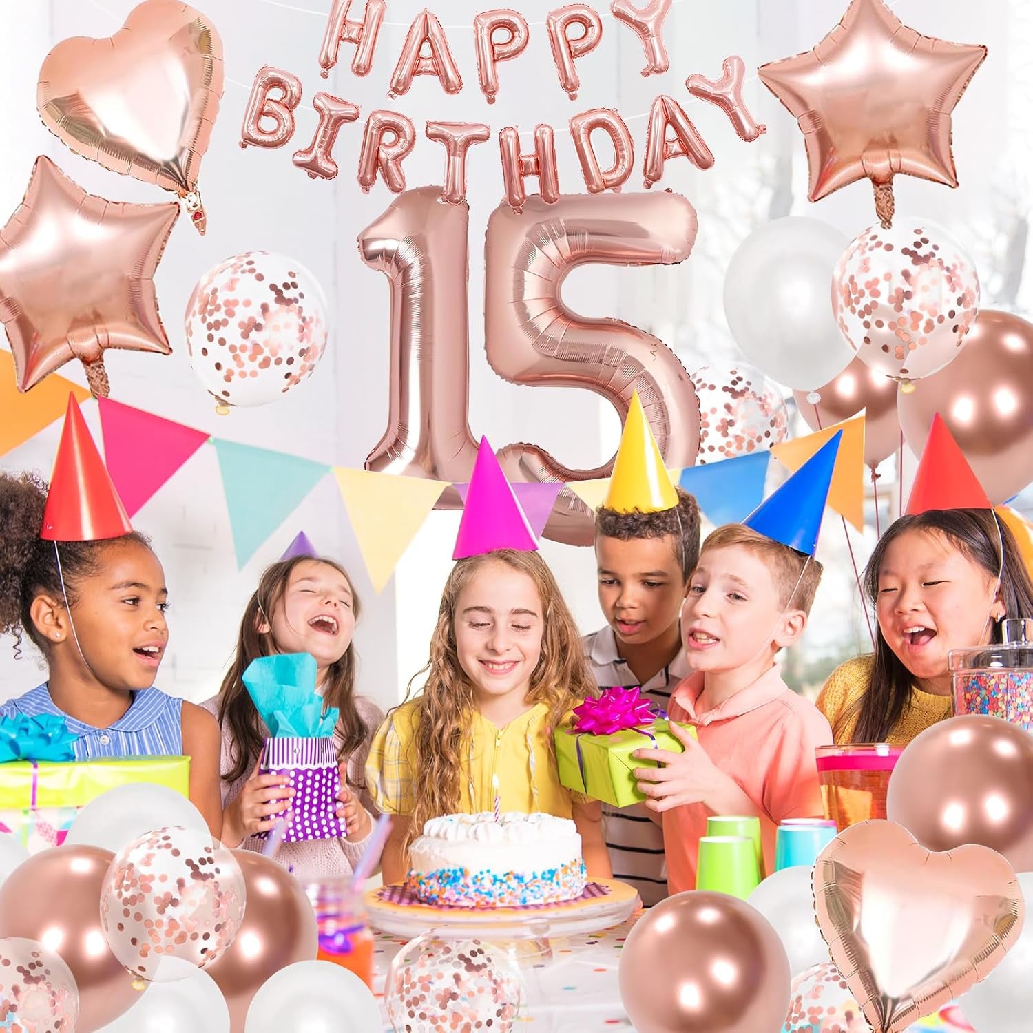 15Th Birthday Decorations for Girls, Rose Gold 15Th Birthday Decorations, Rose Gold 32 Inch Number 15 Foil Balloon with Banner, Star Confetti Balloon for 15 Party Deko