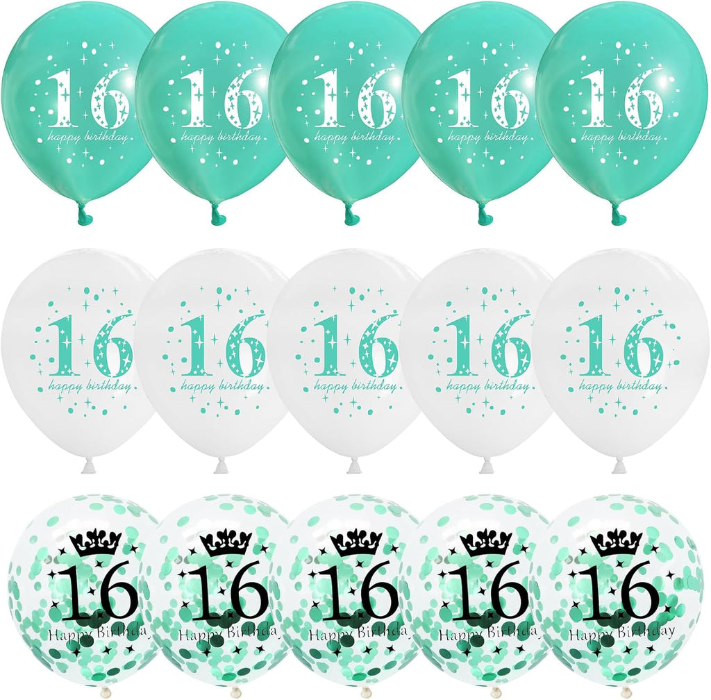 Happy 16Th Birthday Balloons Girls, 15Pcs Teal White 16Th Birthday Decorations Boys, Turquoise White Confetti 16Th Bday Party Balloons for Girl Sweet 16 Years Old Age Birthday Party Decor Supplies