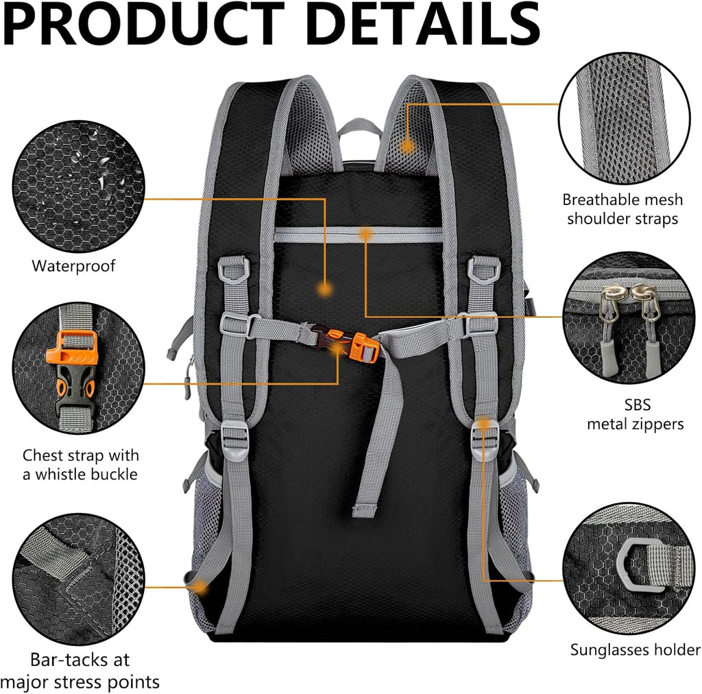 Ultra Lightweight Packable Backpack 40L - Foldable Hiking Backpack Water Resistant Small Foldable Daypack for Travel,Black