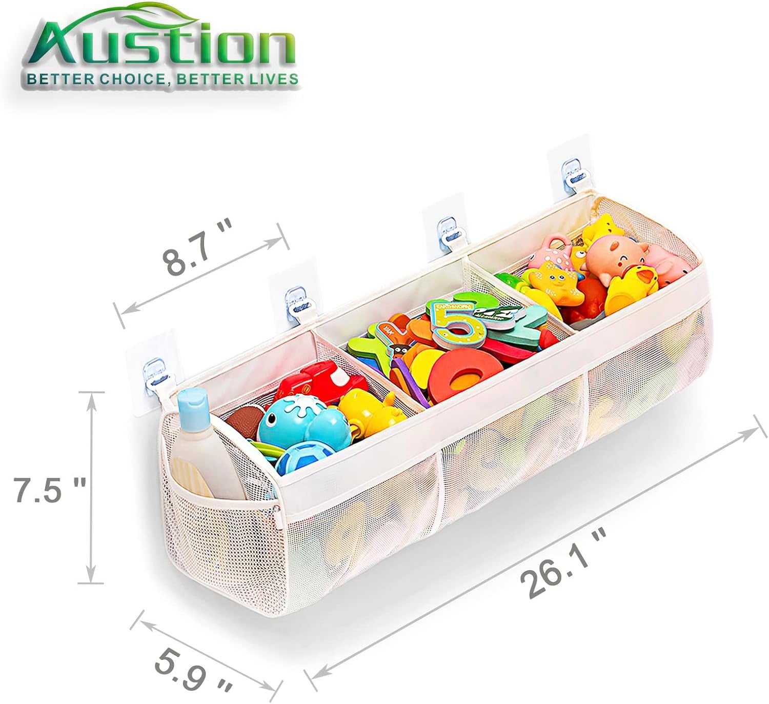 Original 3 Compartment Horizontal Large Openings Bath Toy Organizer for Tub, Capacity Upgrade Bath Toy Storage and Holder, Bathtub Toy Holder for Easy Access and Sorting of Toys.