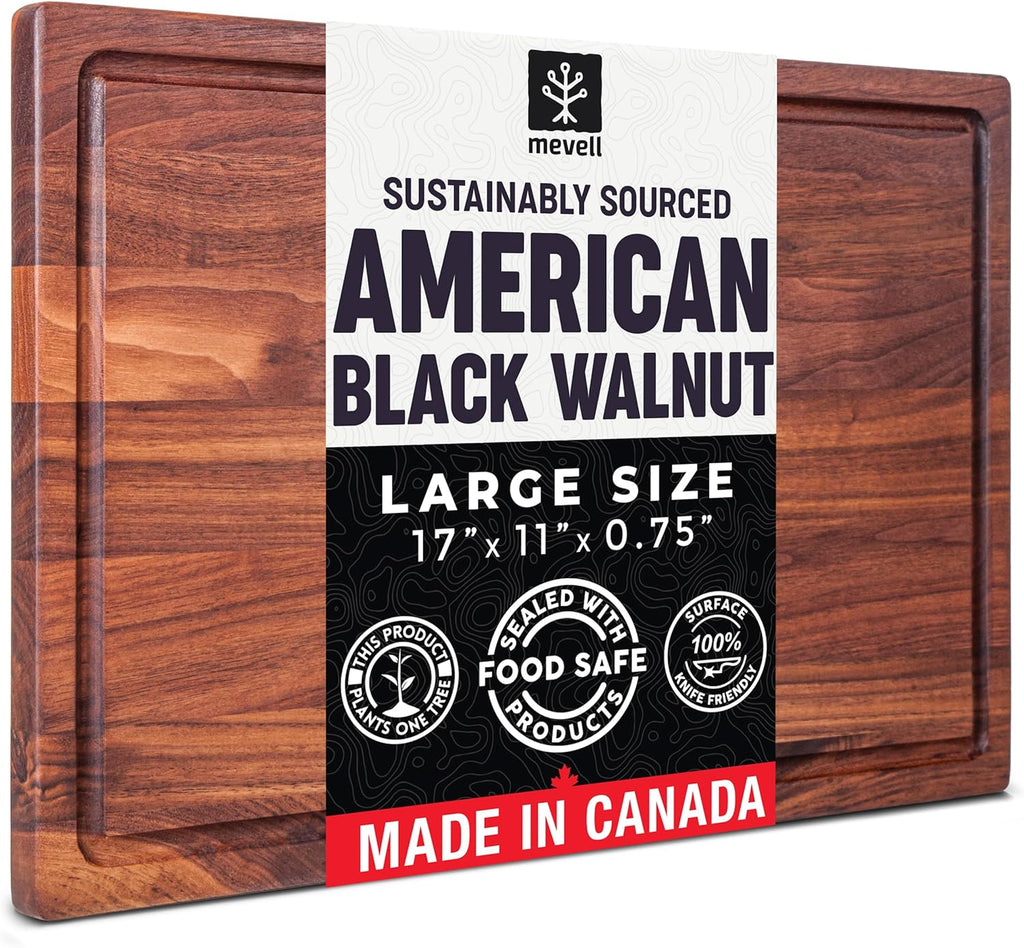 Walnut Wood Cutting Board for Kitchen, Reversible Wooden Chopping Board with Juice Grooves, Made in Canada (Walnut, 17X11X0.75)