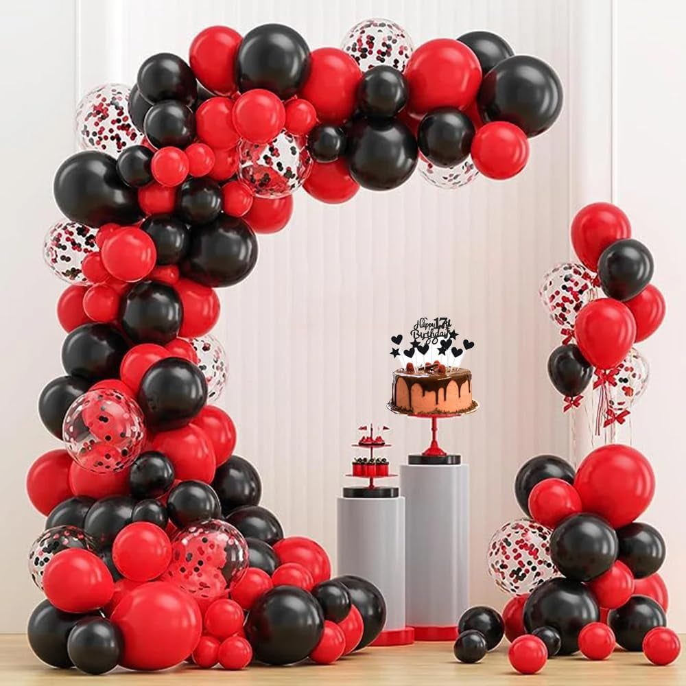 10Th Birthday Decorations for Boy Girl - Red Black Cake Decoration Set with Happy Birthday Banner - Number 10 Party Supplies
