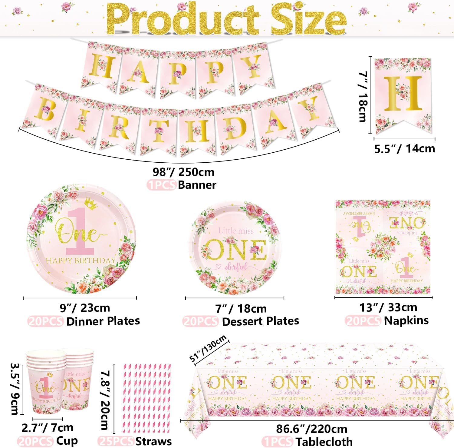 Floral 1St Birthday Party Decorations, Include Happy Birthday Banner, Paper Plates, Cups, Napkins, Little Miss Onederful Tablecloth for Girls First Birthday Party Decor Supplies, Serve 20 Guests