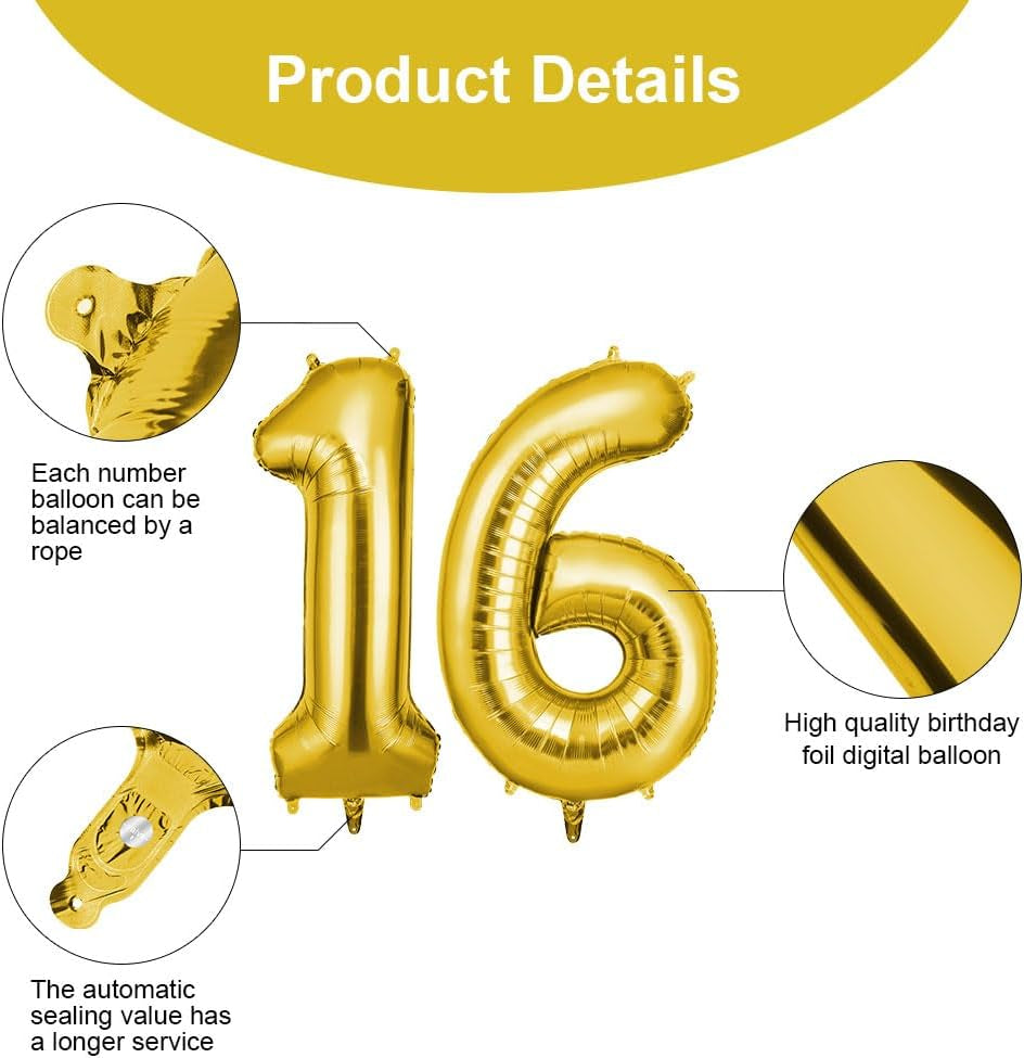40-Inch Number 16 Helium Balloons, Foil Large Numbers for Birthday, Wedding Party Decorations Celebration Supplies (Gold)