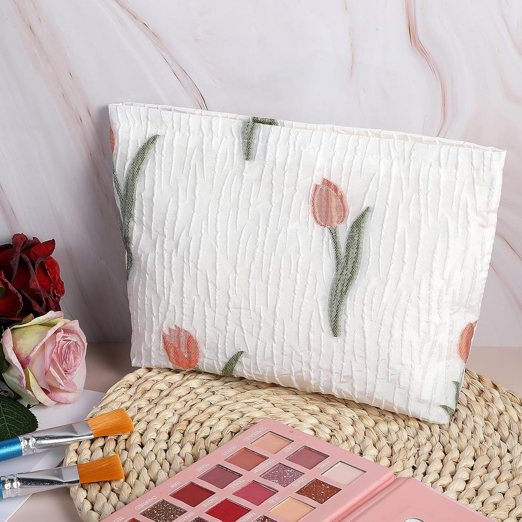 Makeup Bag Large Capacity Elegant Bow Preppy Cosmetic Bag Aesthetic Design Canvas Zipper Organizer Pouch Cute Roomy Pink Portable Toiletry Bag for Women Girls Travel Storage Accessories, White-Green,