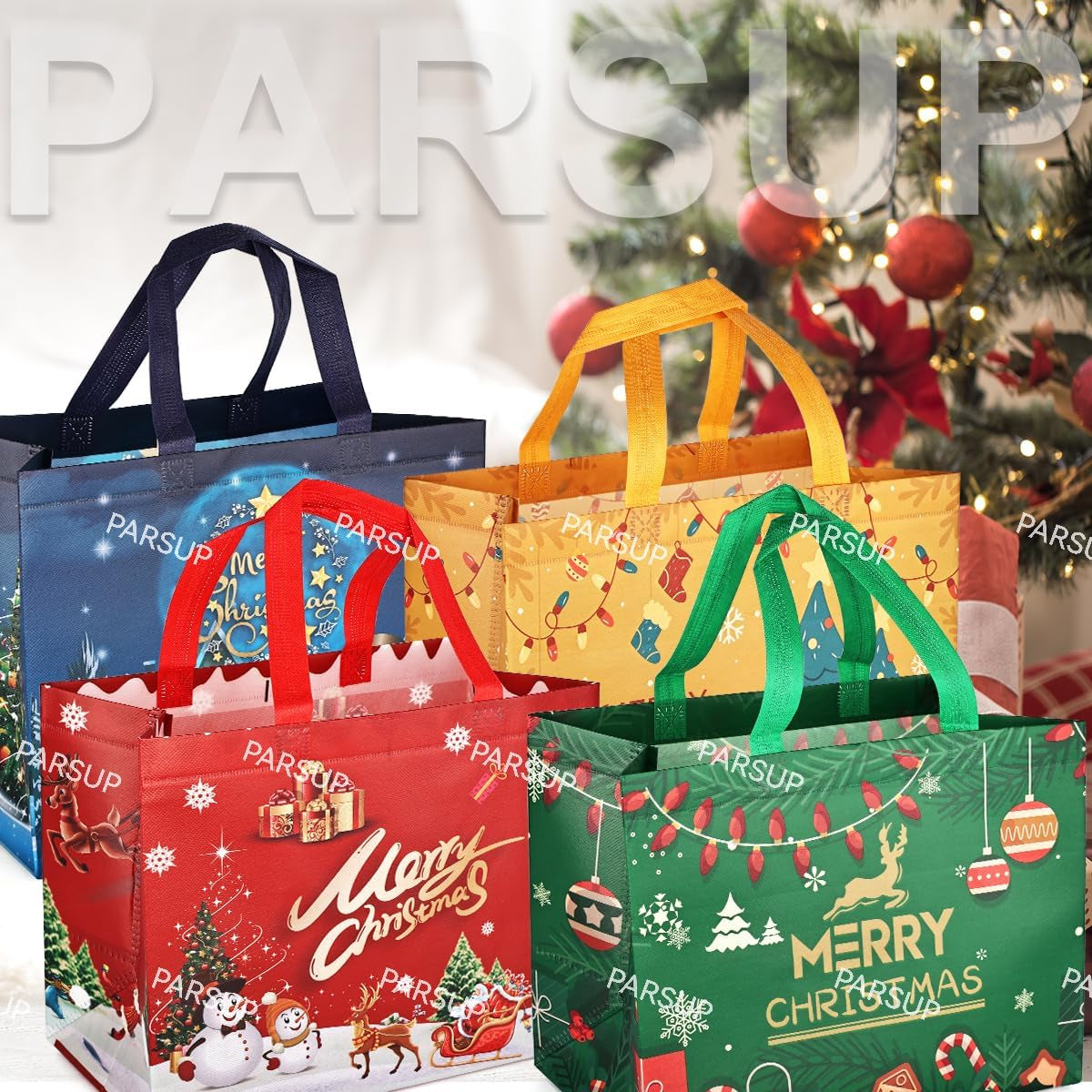 4PCS Christmas Gift Bags,Christmas Tote Bags with Handles, 2023 Christmas Treat Bags, Multifunctional Non-Woven Christmas Bags for Gifts Wrapping Shopping, Xmas Party Supplies, 32.5×25×17Cm