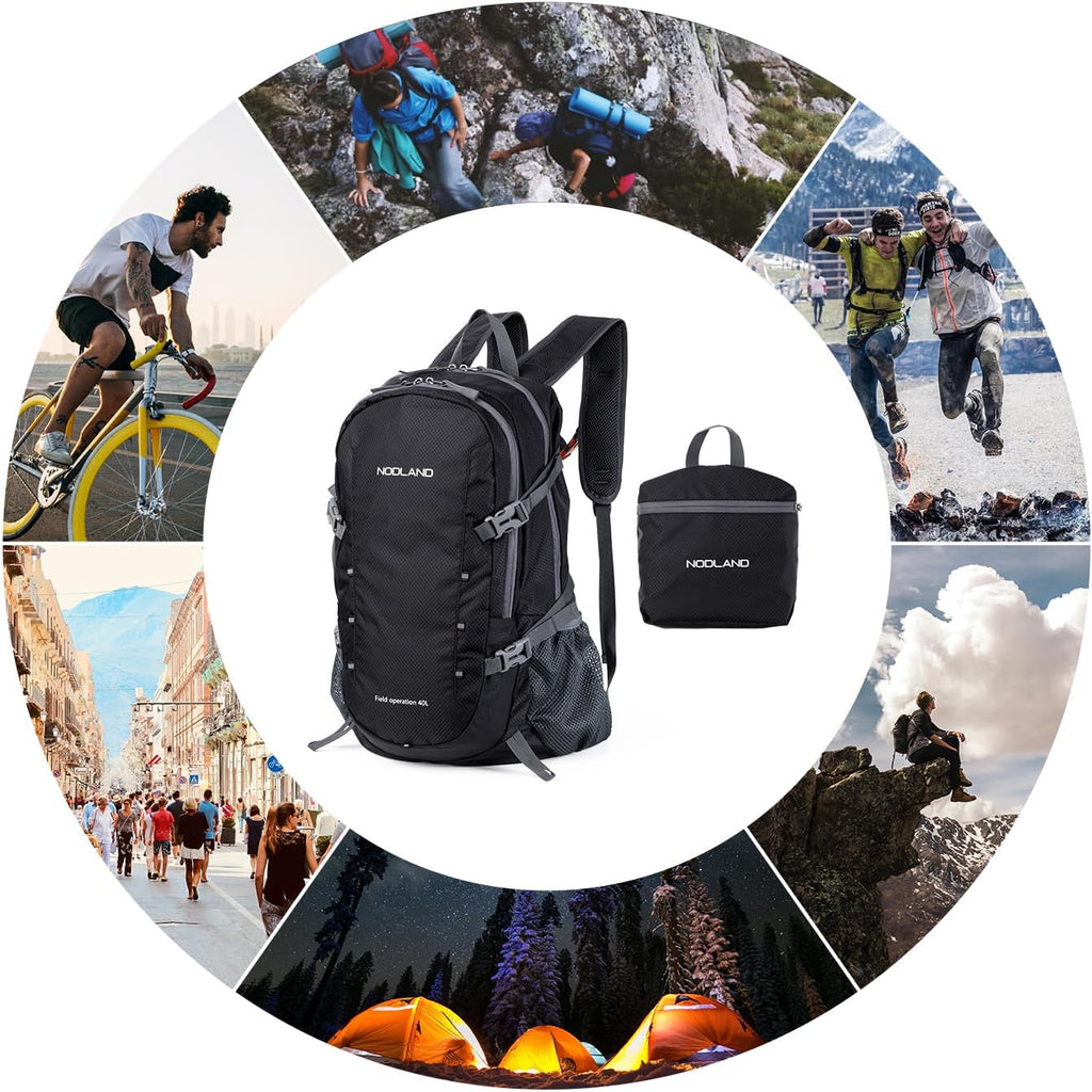 NODLAND Lightweight Backpack Travel 40L Foldable Water-Resistant Daypack, Hiking Outdoor Camping Rucksack for Men Women