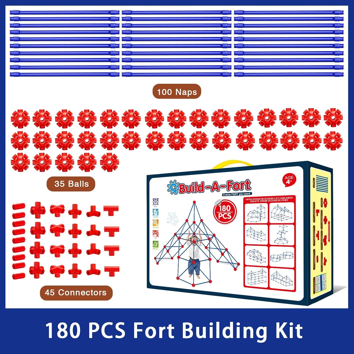180 Pack Fort Building Kits for Kids Age 4, 5, 6, 7, 8+ Years Old, Creative STEM Building Toys for DIY Castles, Tunnels, Play Tent, Ideal Christmas, Birthday Gifts for Boys & Girls