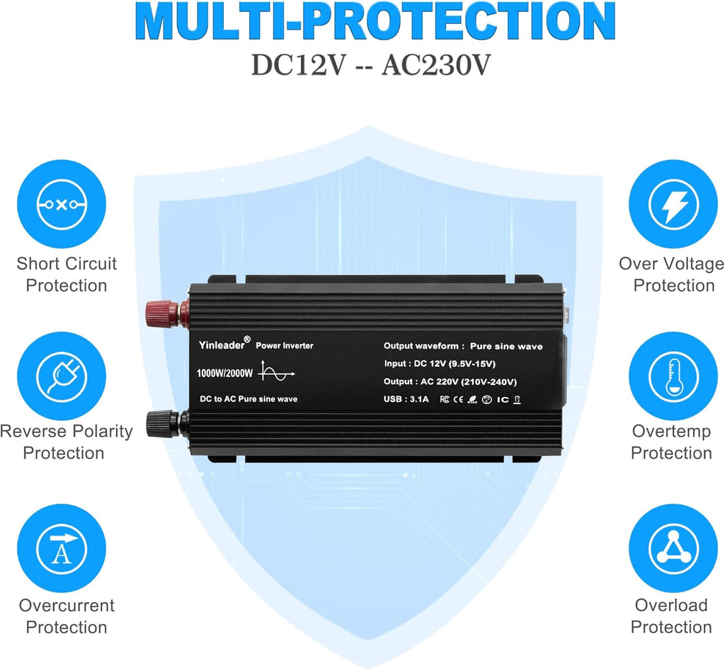 Pure Sine Wave 2000W Power Inverter DC 12V to 240V AC 1 UK Socket 2 USB Ports with LED Dispaly Cigarette Converter