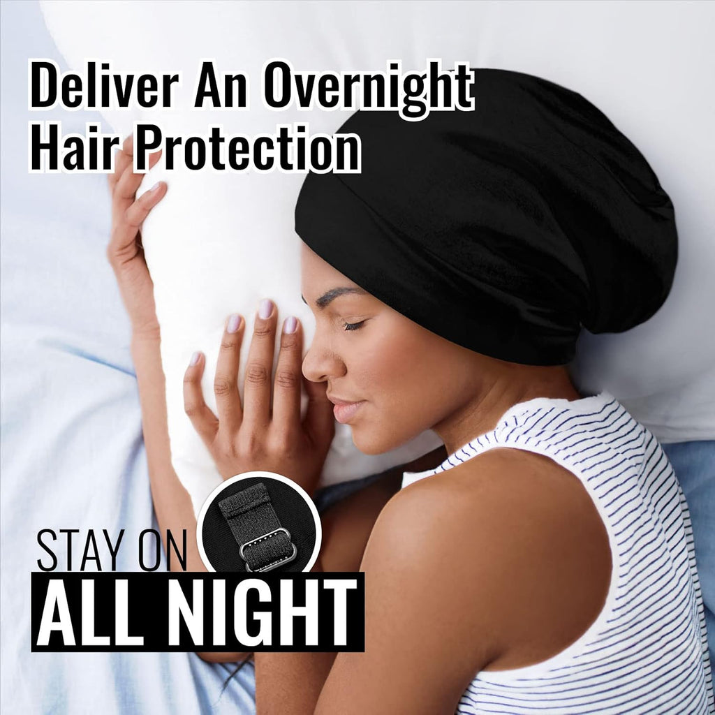 Satin Lined Sleep Cap Bonnet for Curly Hair and Braids, Stay on All Night Wrap with Adjustable Strap for Women and Men, Black, Pack of 1
