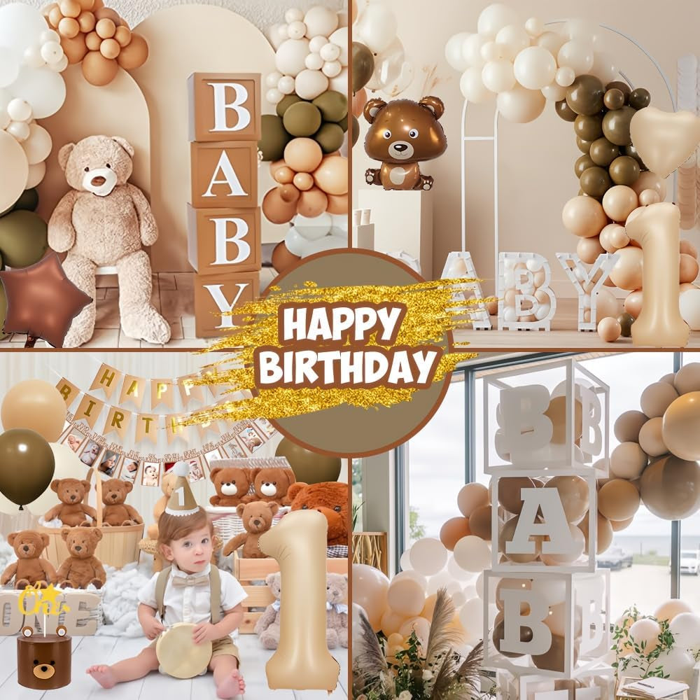 1St Birthday Decorations Boy, Boho First Birthday Decoration, Bear Theme Party Decoration with Giant Bear Foil Balloon, Burnt 1 Number Balloon, Beige Coffee Balloon for Baby Boys Girls First Birthday