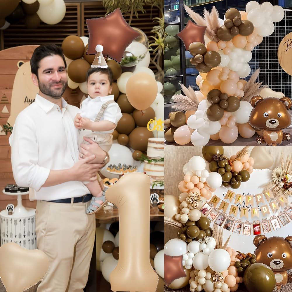 1St Birthday Decorations Boy, Boho First Birthday Decoration, Bear Theme Party Decoration with Giant Bear Foil Balloon, Burnt 1 Number Balloon, Beige Coffee Balloon for Baby Boys Girls First Birthday