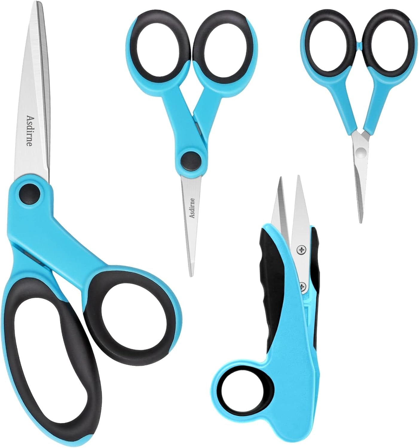 Fabric Scissors, Scissors Set with Sharp Stainless Steel Blade and Soft Handles, Including Sewing Scissors, Craft Scissors, Thread Snipers and Embroidery Scissors, 4Pcs, Blue/Black