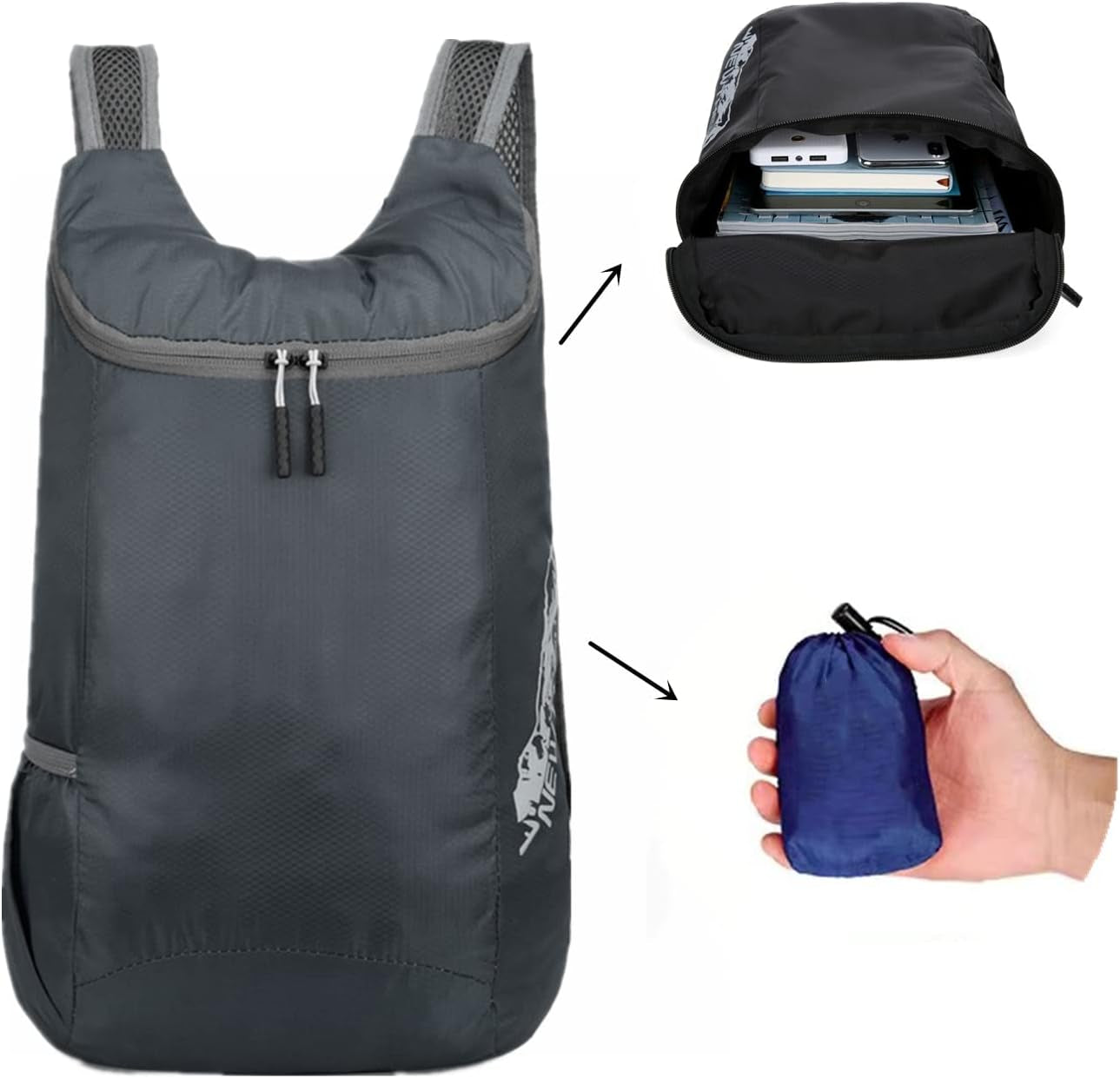 14L Hiking Backpack Lightweight Packable Hiking Daypack Water Resistant Lightweight Foldable Hiking Backpack for Travel Camping Outdoor Small Travel Outdoor Foldable Shoulder Bag (Grey)
