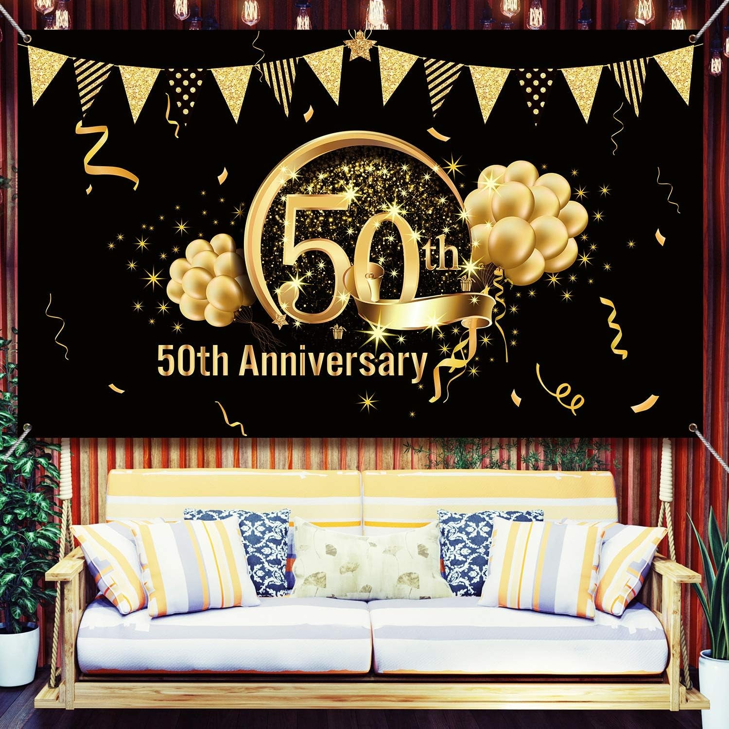 50Th Anniversary Birthday Decorations 1975 50Th Party Black Gold Background 72.8 X 43.3 Inch Wedding Anniversary Birthday Party Photo Background Cake Table Extra Large Wall Decor Props