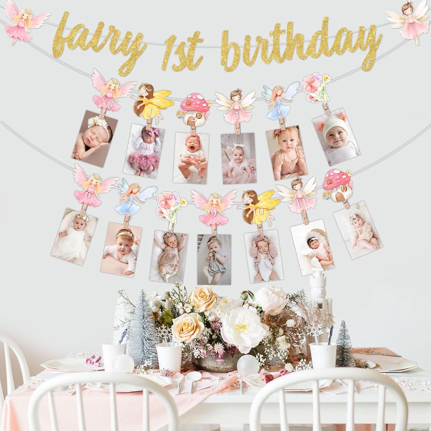 First Birthday Decorations Girl Fairy - 1St Birthday Banner, Monthly Photo Banner for Floral Fairy 1St Party Decorations, One Year Old Decorations for Baby Girl