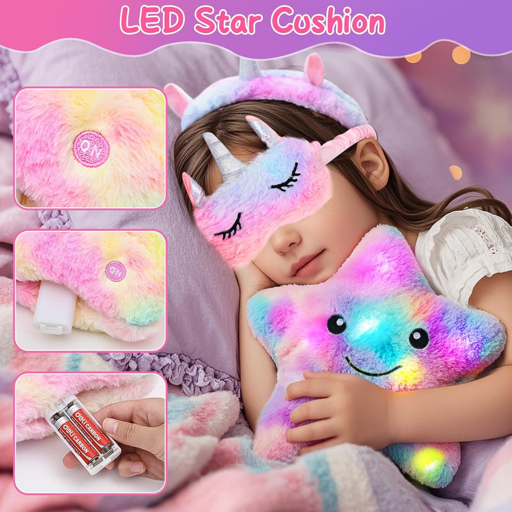 Unicorns Gifts for Girls Kids Toys 6 7 8 9 10 Years Old with Star Light up Pillow Stationery Plush Diary with Lock Headband Eye Mask Water Bottle Teen Girl Birthday Christmas Unicorn Toy