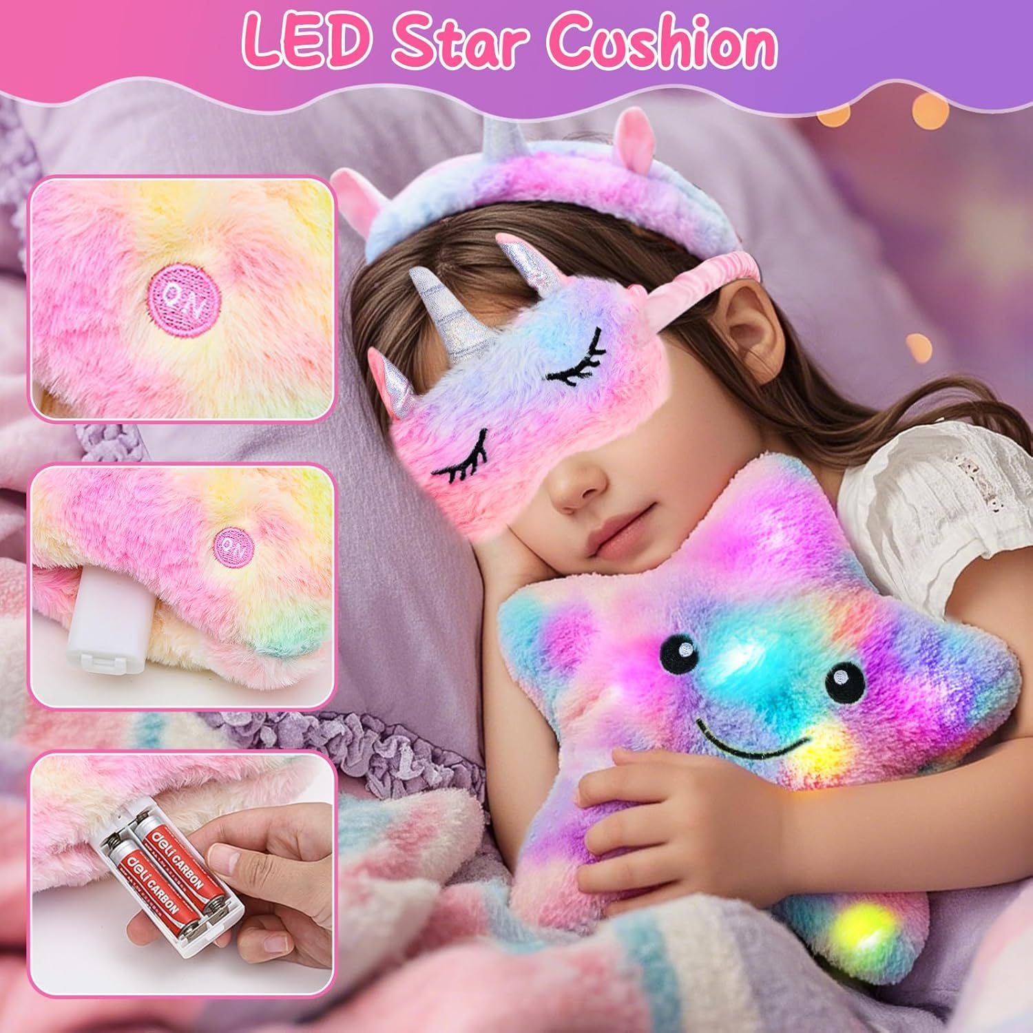 Unicorns Gifts for Girls Kids Toys 6 7 8 9 10 Years Old with Star Light up Pillow Stationery Plush Diary with Lock Headband Eye Mask Water Bottle Teen Girl Birthday Christmas Unicorn Toy