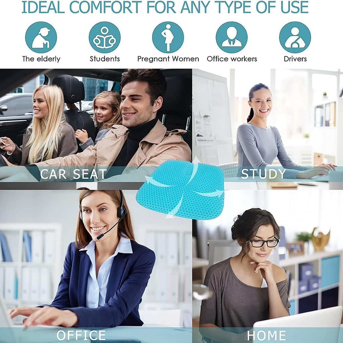 Gel Seat Cushion for Long Sitting, Gel Cushions for Pressure Sores Relief, 18.5X17.3X1.2 Inches Car Seat Cushion of Ventilative Cooling Gel, Seat Cushions for Office Chairs