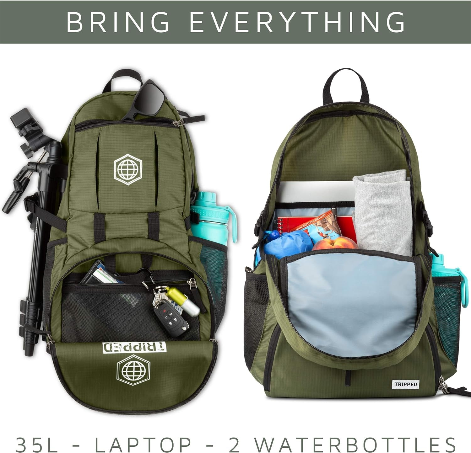 Traveling Backpack- Foldable Collapsible Lightweight Backpack for Travel (Green) 35 Liters