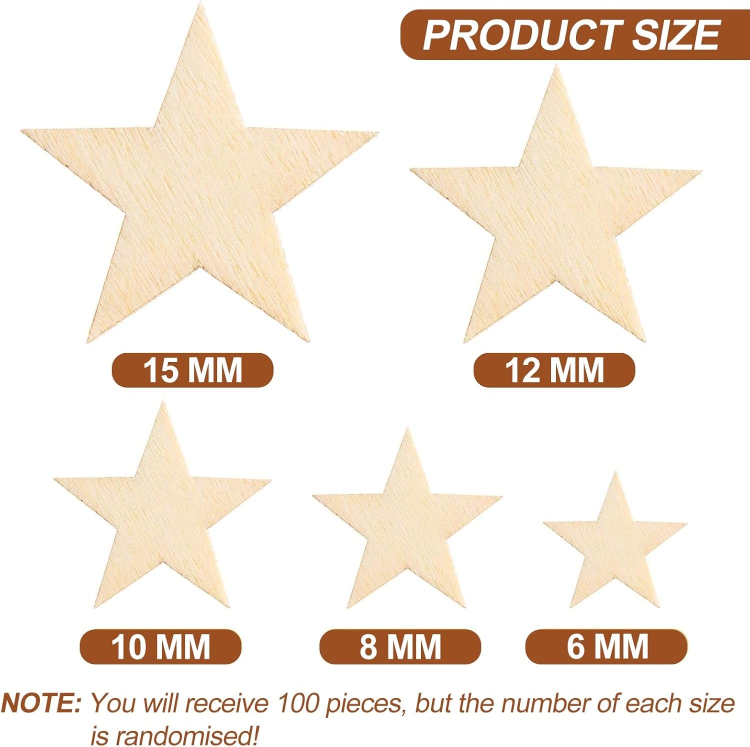 100 Pcs Wooden Star, Mini Wooden Star Embellishment Wooden Star Scatter Craft with 5 Sizes 6/8/10/12/15Mm, Mixed Size Wood Star Cutout Shape for Wedding Party Table Scatter Decoration