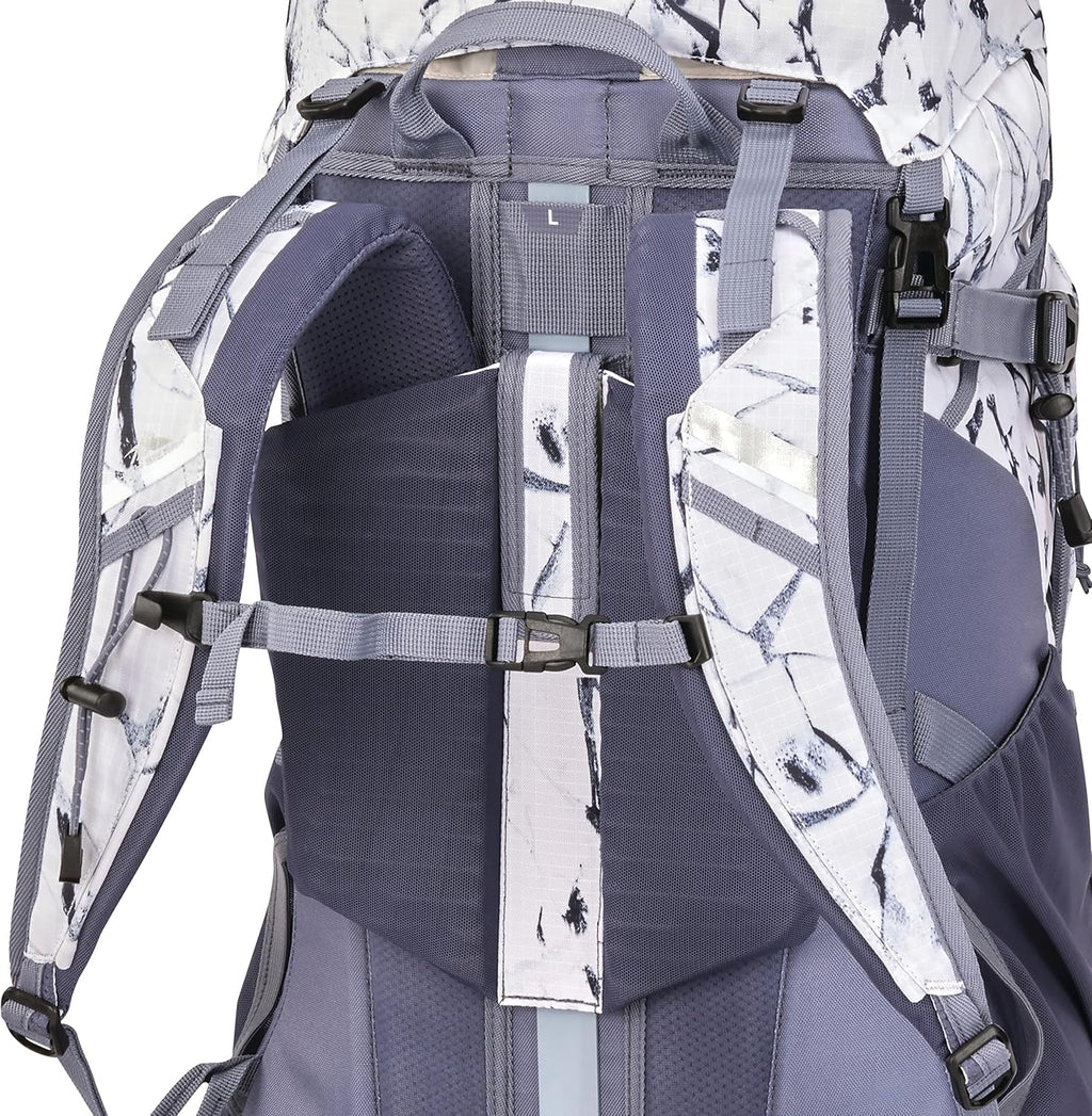 Pathway 2.0 Backpack with Hydration Storage Sleeve, for Hiking, Biking, Camping, Traveling, White Cracked Ice/Grey Blue, 60L