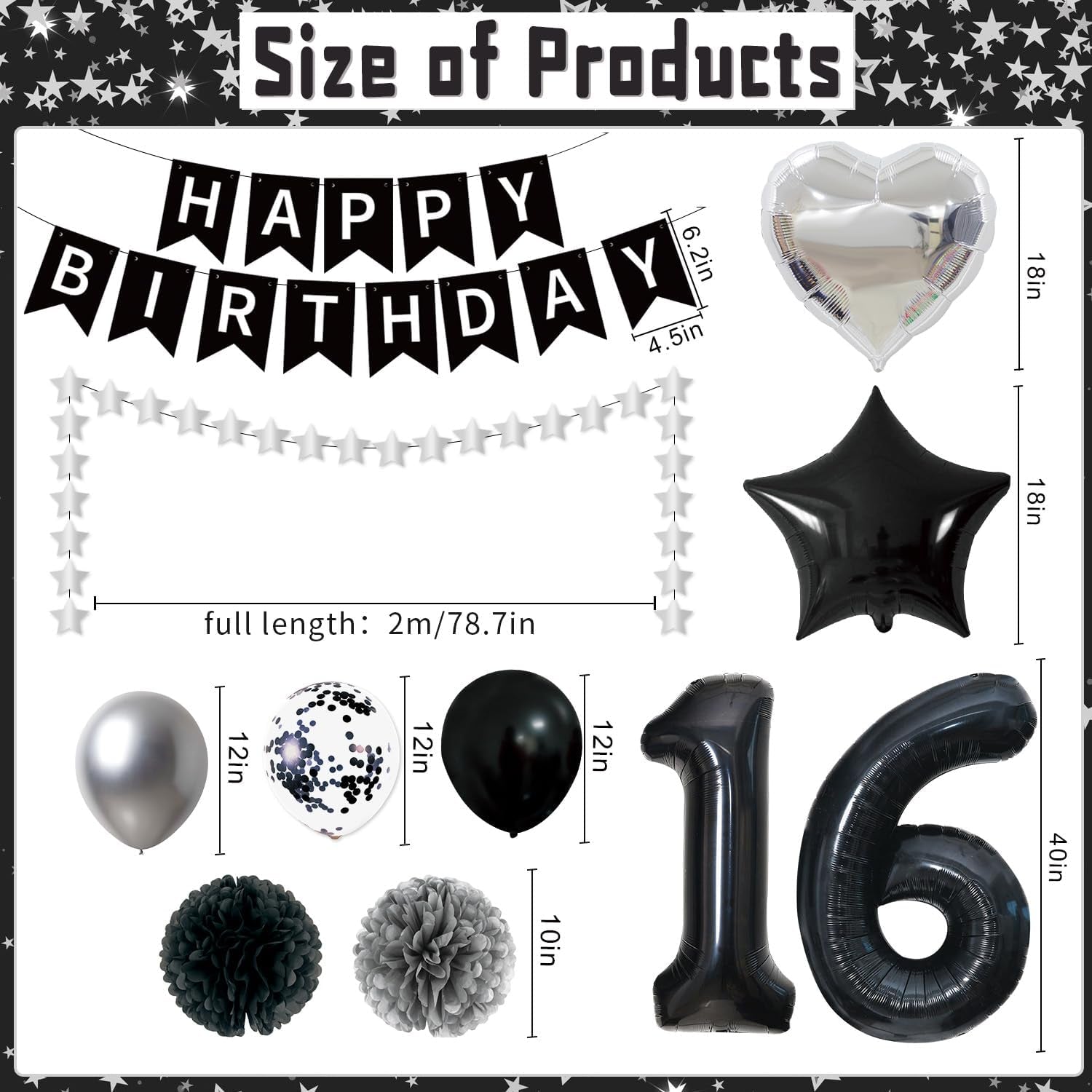 16Th Birthday Decorations Boys Girls - 45PCS Black Silver 16Th Bday Balloons Decorations Set Happy Birthday Banner and Foil Star Balloons Supplies