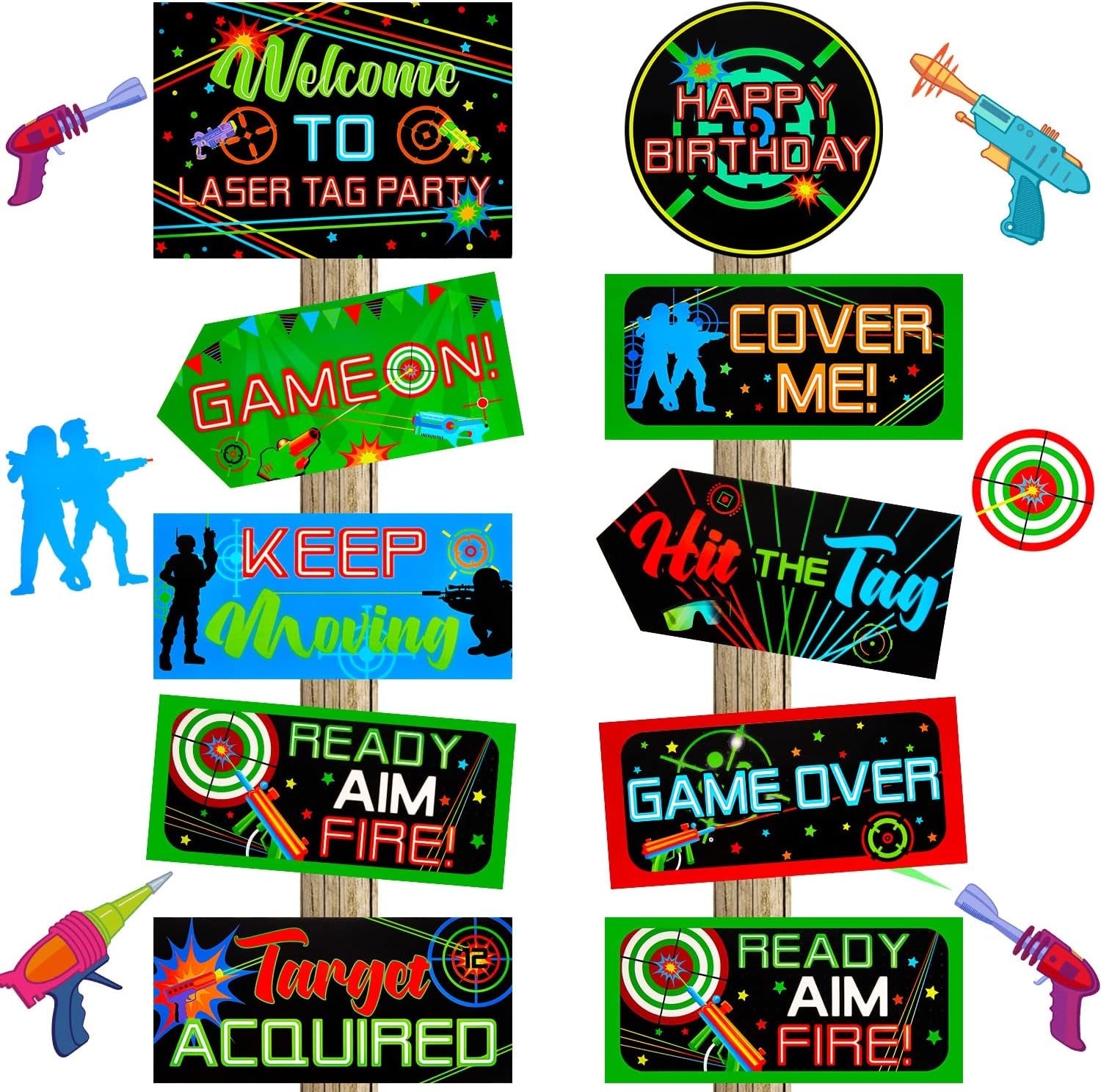 20 Pieces Laser Tag Party Decorations Signs Laminated Signs Laser Tag Party Favors for Boys Wall Decorations Birthday Neon Glow Photography Banner Photo Booth Props