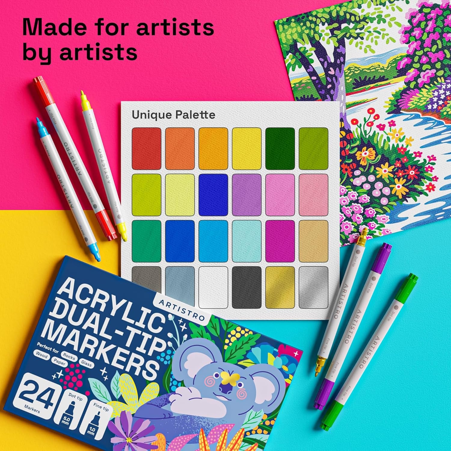 24 Colors Acrylic Paint Pens Art Set Dual Tip (Fine 1Mm + Dot 5Mm), Acrylic Markers for Fabric, Canvas, Rock, Glass, Wood, Paper, DIY, Paint Markers for Kids and Adults