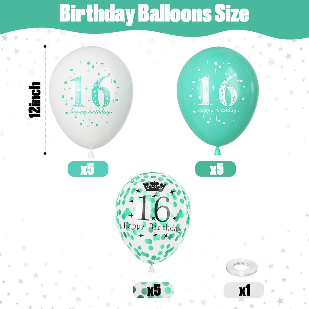 Happy 16Th Birthday Balloons Girls, 15Pcs Teal White 16Th Birthday Decorations Boys, Turquoise White Confetti 16Th Bday Party Balloons for Girl Sweet 16 Years Old Age Birthday Party Decor Supplies