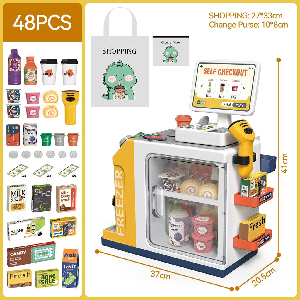 Cash Register Playset for Kids - 48PCS Pretend Play Money, Calculator, Scanner, Credit Card and Play Food for Boys and Girls Ages 3+ (668-125)