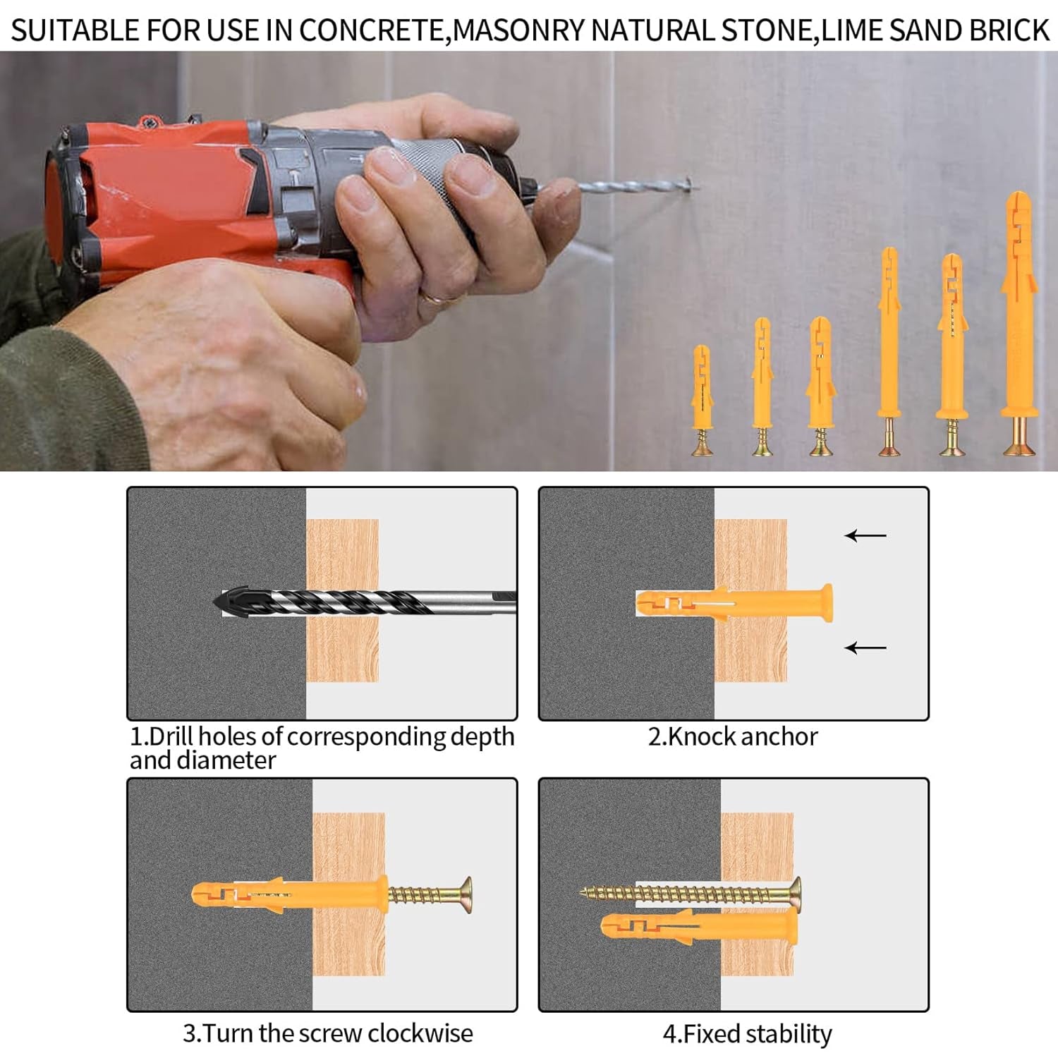 88 Pcs Wall Plugs and Screws Set(44 Masonry Self Tapping Screws, 44 Expansion Pipe Anchor Bolts), M6/M8/M10 Heavy Duty Wood Screw and Wall Plugs Kit for Brick, Concrete, Masonry, Drywall