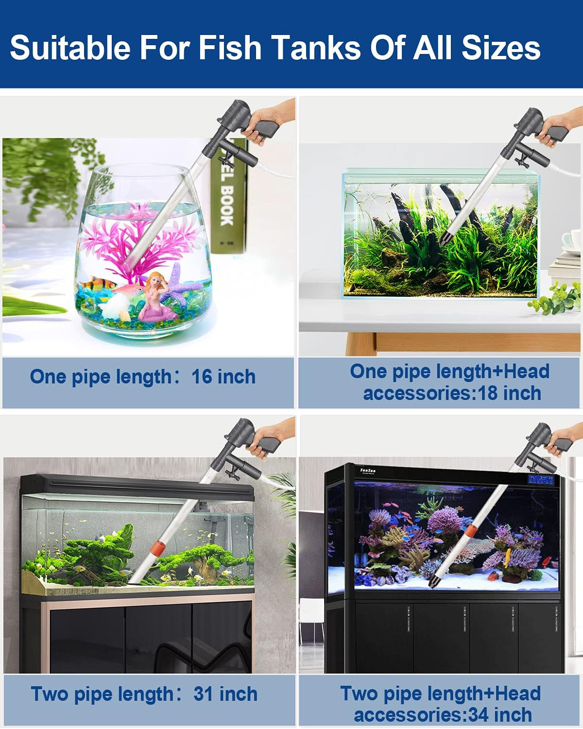 Aquarium Gravel Cleaner [2024 Edition] Vacuum Fish Tank Vacuum Cleaner Tools for Aquarium Water Changer with Aquarium Thermometers Fish Net Kit Use for Fish Tank Cleaning Gravel and Sand