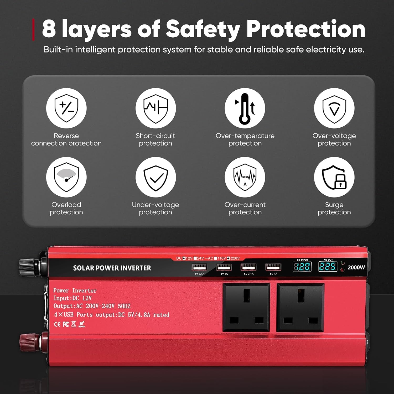 2000W Inverter 12V to 240V,Aluminum Car Power Inverter DC 12V to AC 240V with 3 UK Sockets 4 Usb,Pure Sine Wave Inverter with LED Display & 8-Tier Safety Protection for Travel, Camping