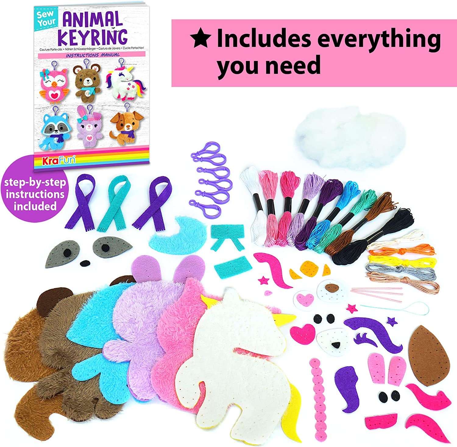 Unicorn Sewing Keyring Kit for Kids Ages 7-12, Beginner Craft Set with 6 Stuffed Dolls (Bear, Dog, Rabbit, Raccoon, Owl, Unicorn), Felt Materials, Embroidery Supplies, Instructions