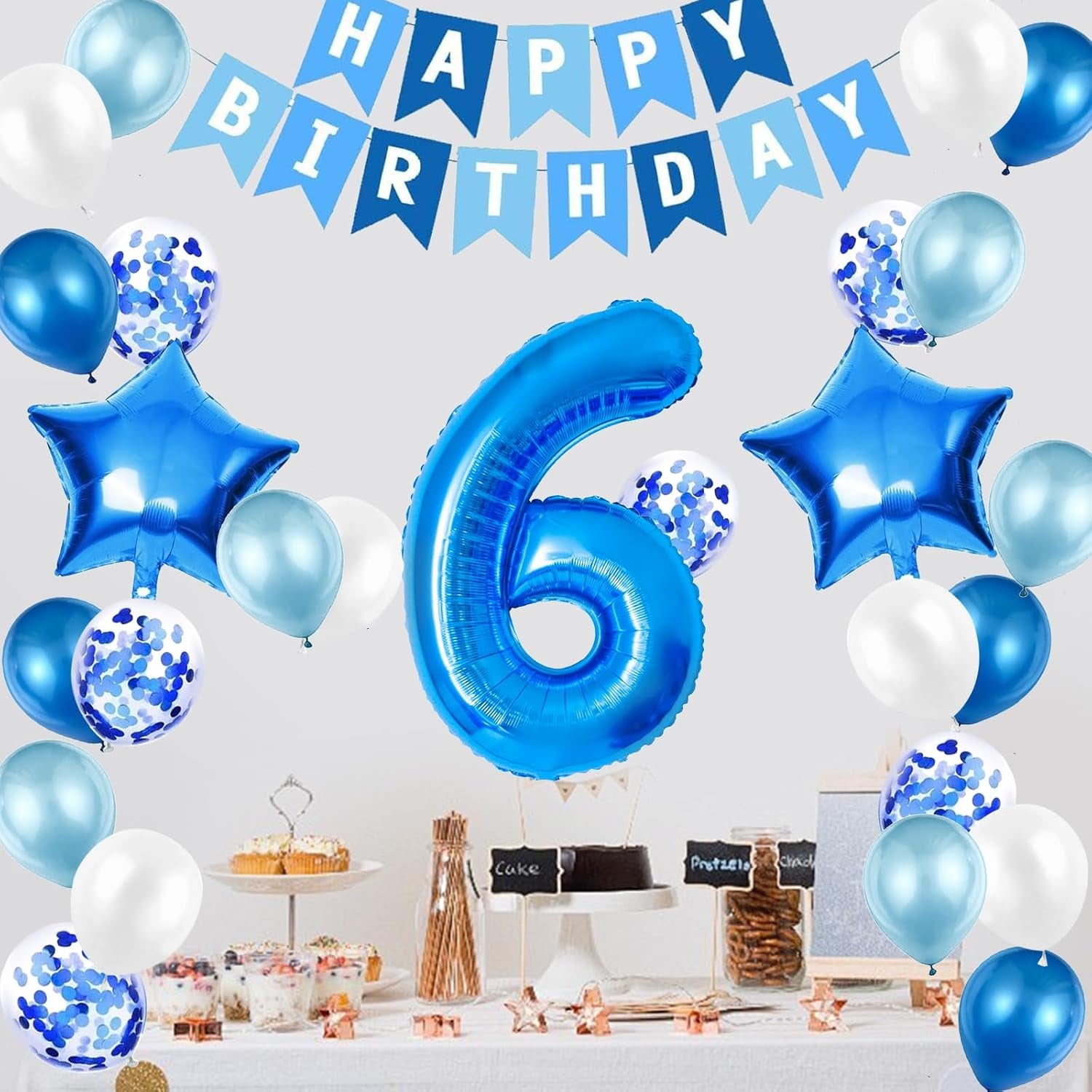 6Th Birthday Decorations for Boys, Number 6 Balloon, Blue Silver 6Th Party Decorations, Happy Birthday Bunting Banner, 32Inch Foil Number 6 Balloons Set for Birthday Party Anniversary Decorations