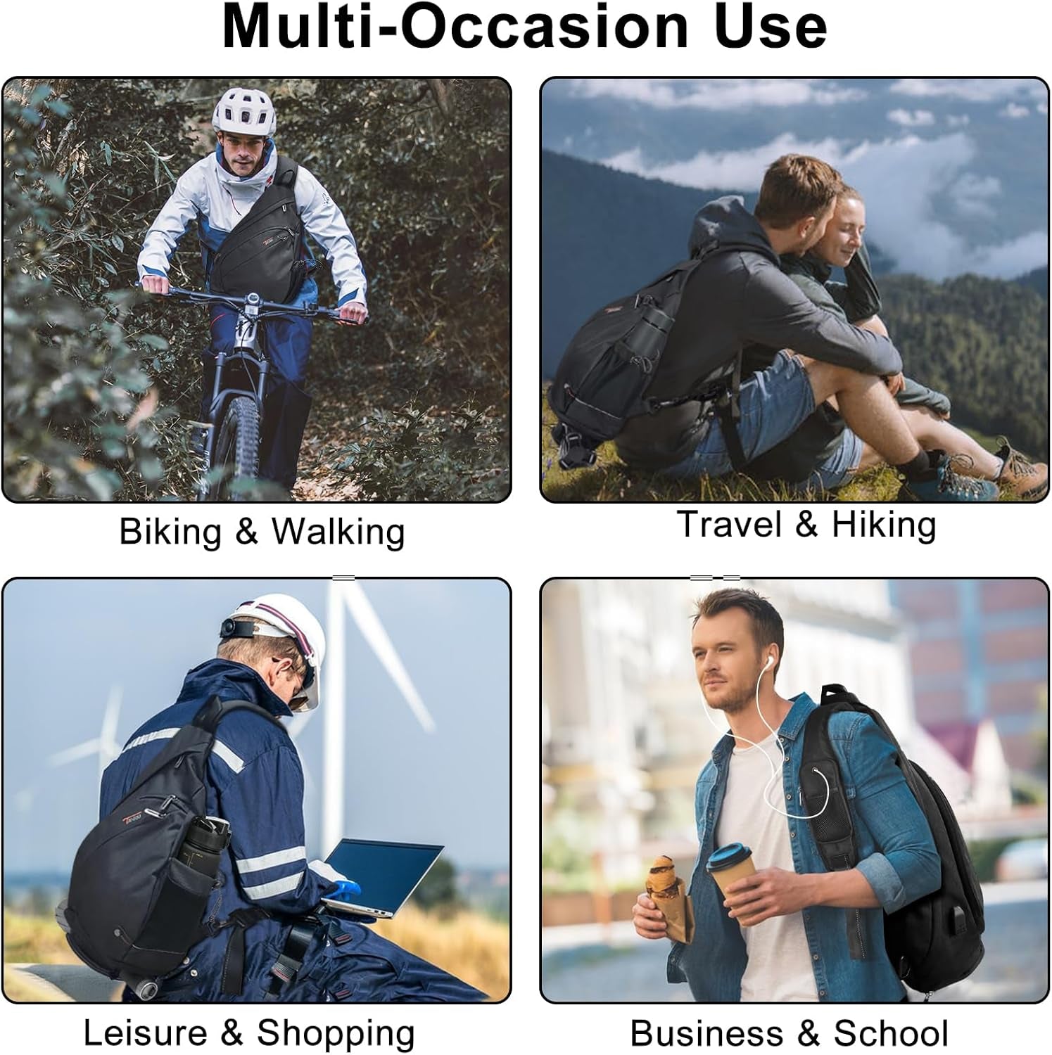 Sling Backpack, 8 Pockets Sling Bag Crossbody, 19L Large Sling Bag for Men Travel Crossbody Backpack Hiking Outdoor