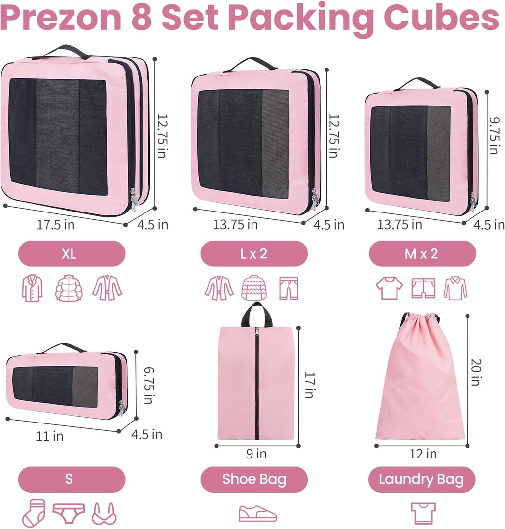 8 Set Compression Packing Cubes for Suitcases, Full Open & Visible Design, Luggage Organizer Bags Set for Carry On, Travel Essentials Travel Gifts for Women with Laundry Bag and Shoe Bag