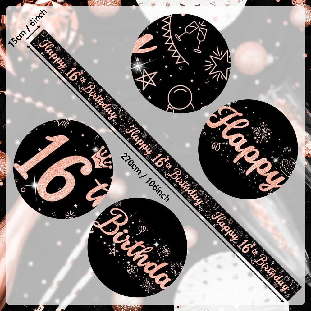 Girls 16Th Birthday Decorations Black Rose Gold Sweet Sixteen Decorations 16 Pack Girls Happy 16Th Birthday Banner Bunting Kit by